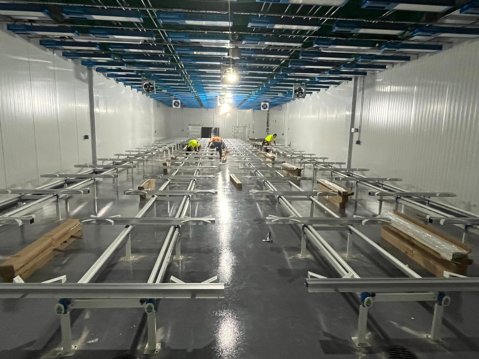 Rolling bench system being installed in the grow room