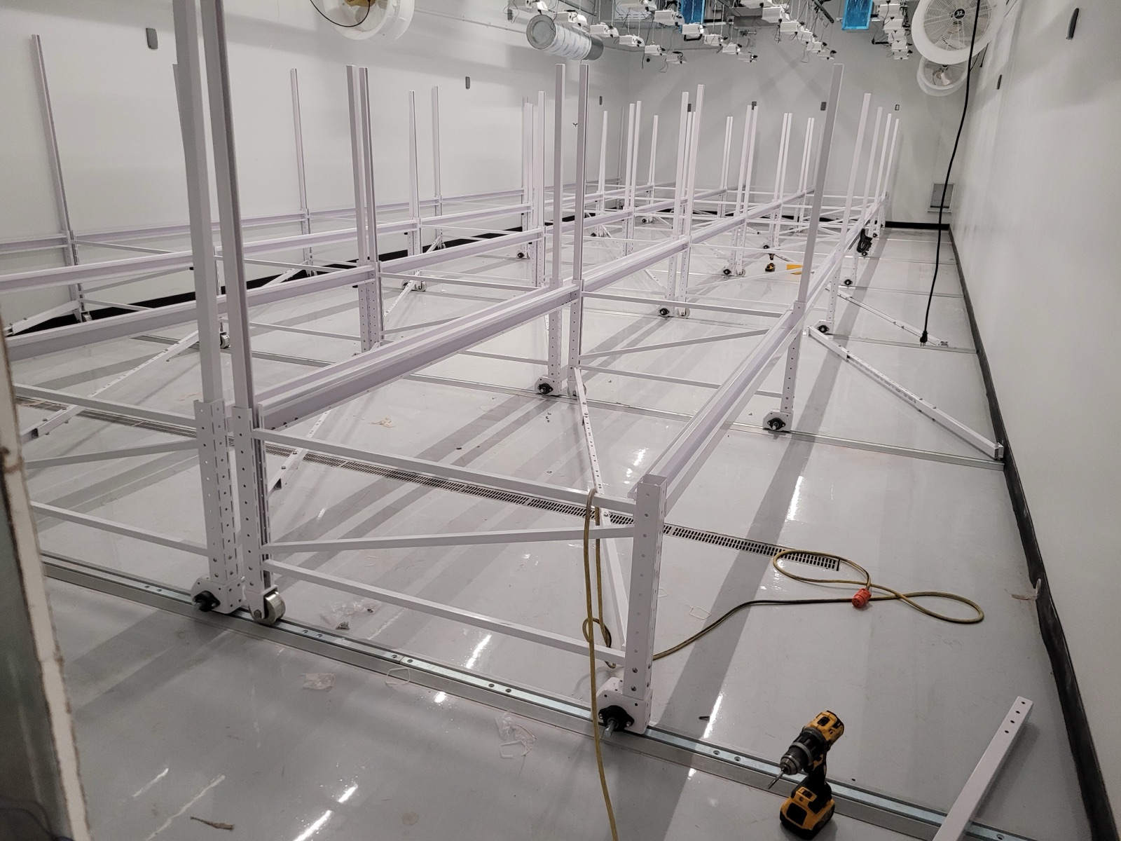 Mobile racking frames assembled ahead of installation