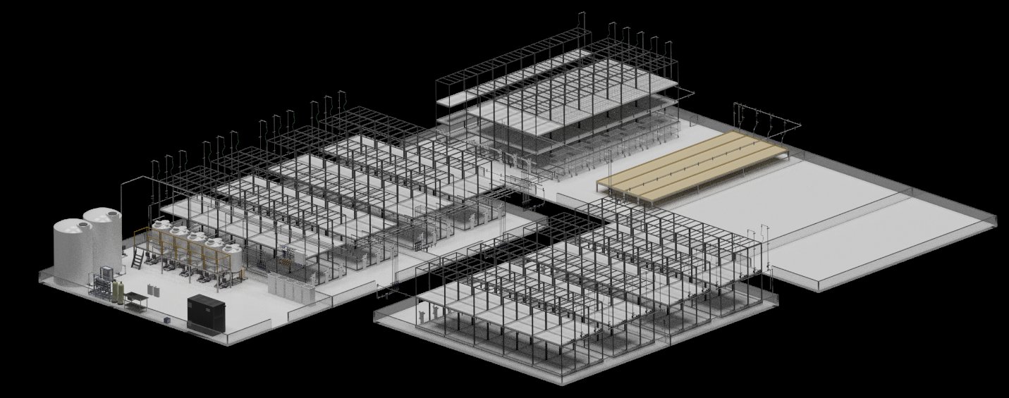 Vulcan Squad 3D irrigation design of a complete cultivation facility with multi-tier racks and fertigation water room