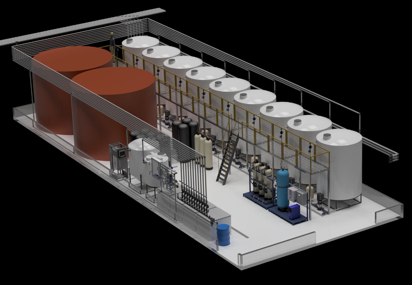 3D water-room design with bulk storage tanks, batch tanks, RO skid, and fertigation pumps
